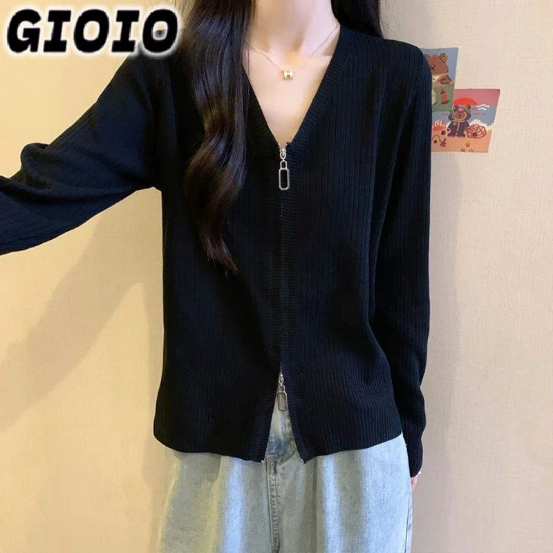 GIOIO长袖大码遮肚子胖妹妹开衫遮肉女春秋女装双拉链针织衫打底