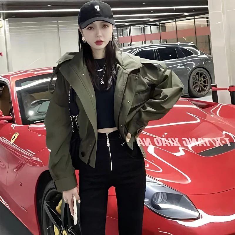 潮牌风衣短外套女2023春季连帽双口袋设计夹克超酷炸街冲锋衣上衣