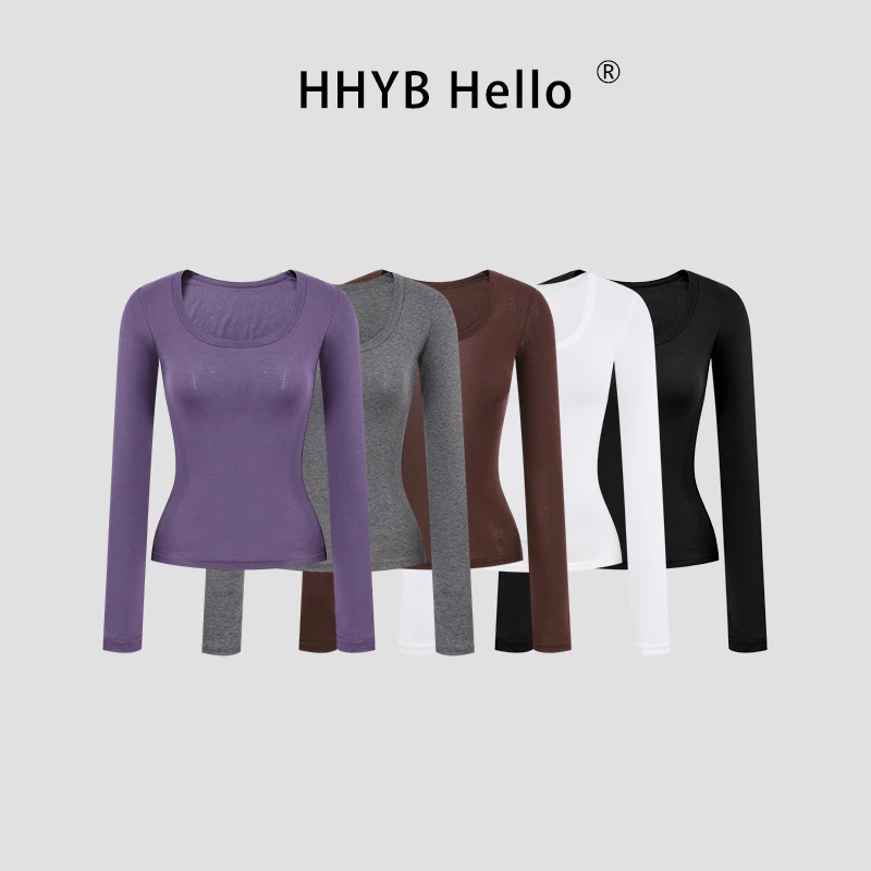 HHYB Hello韩系简约圆领打底衫女2025秋冬新款修身显瘦T恤250973