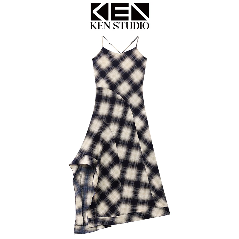 KEN STUDIO夏季新款甜美不规则格子吊带连衣裙时尚修身显瘦女长裙