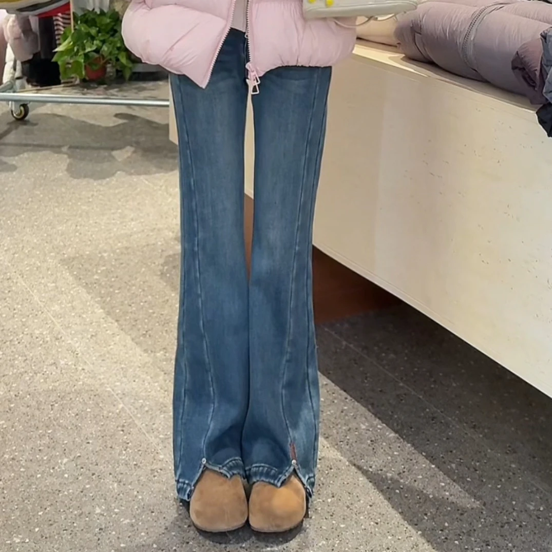 宿慕SUMU秋冬新款高腰经典显瘦新百搭加绒直筒微喇裤牛仔裤33081