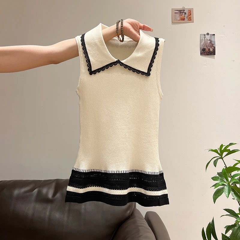 高级感撞色娃娃领针织背心女2025年夏季温柔修身显瘦小上衣