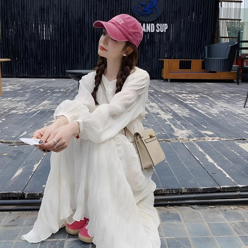 独特绝美温柔白色雪纺长袖连衣裙女春夏2025超火森系初恋度假长裙