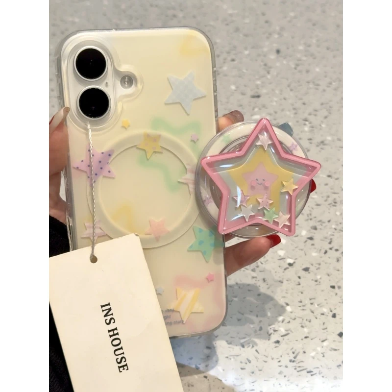 韩系奶黄底彩色星星适用iphone16promax苹果15pro手机壳14磁吸13