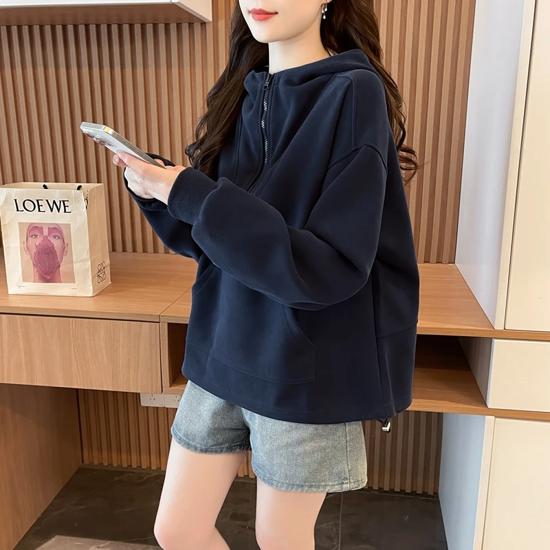 设计感半拉链连帽卫衣外套女2025秋季新款纯色慵懒风休闲上衣ins