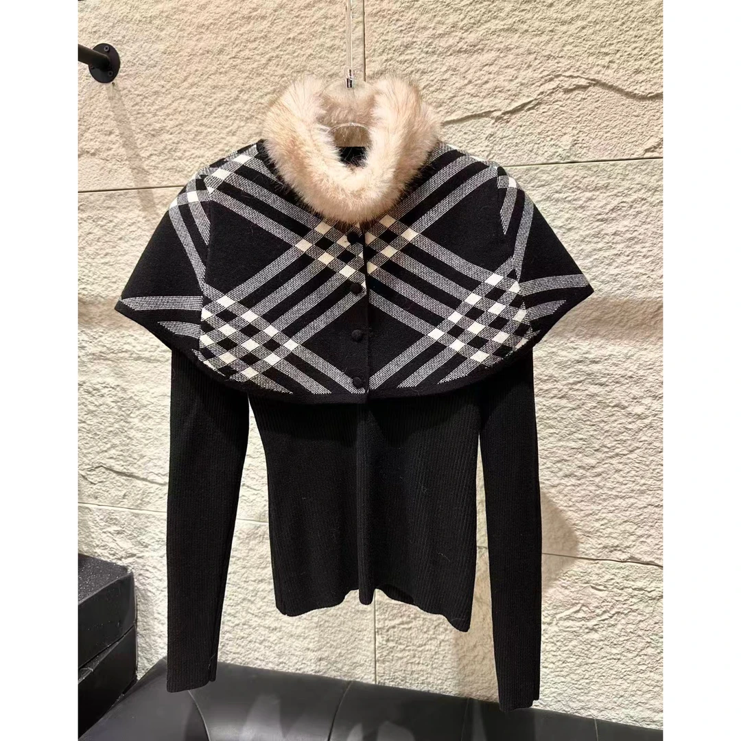 【 Wan wan】毛领菱格斗篷两件套毛衣