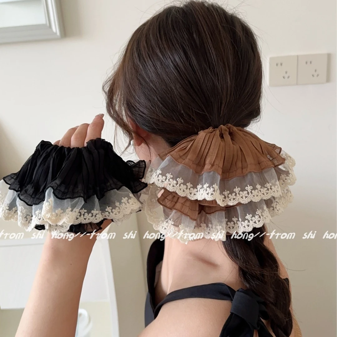 气质温柔双层立体结大肠圈高弹力发饰蕾丝发圈氛围甜美时尚头饰