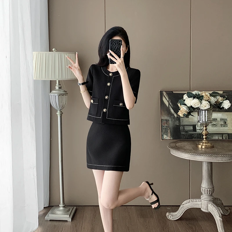 夏季2025气质高档小香风时尚两件套小个子洋气减龄显瘦黑色套装女