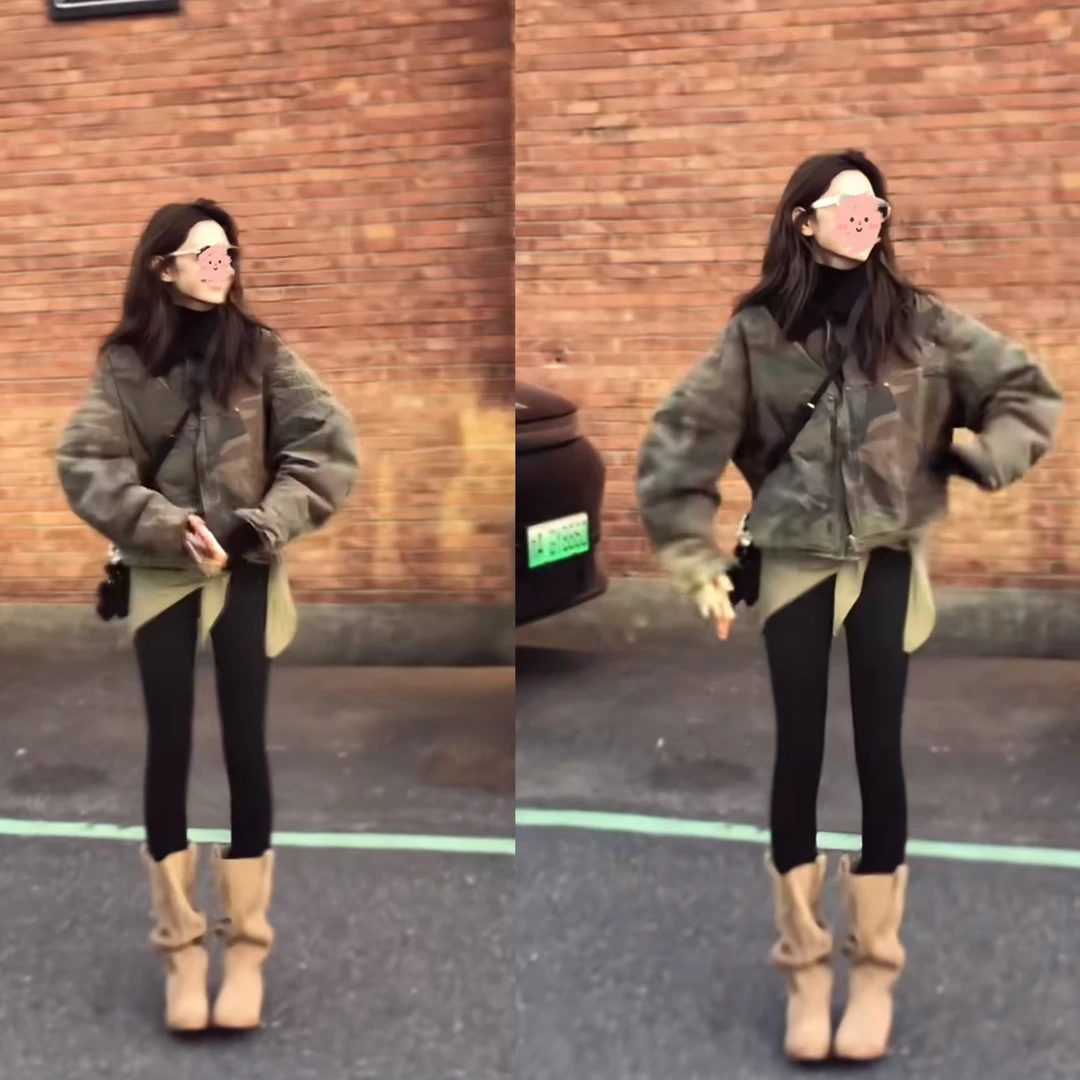 冬季新款复古迷彩翻领短款宽松棉服外套派克服洋气减龄夹克潮