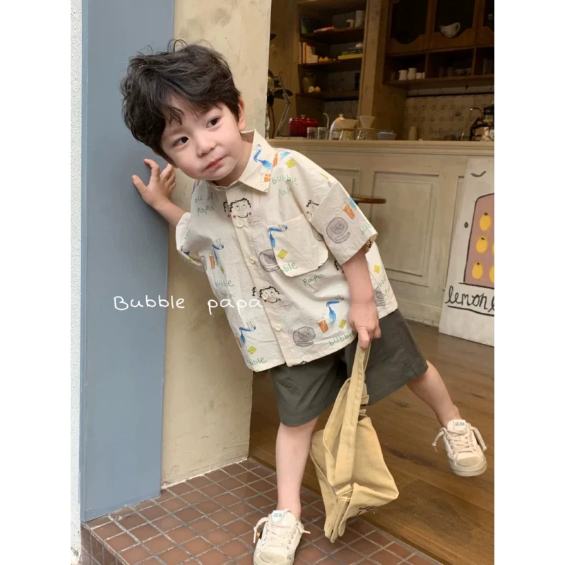 男童套装夏装2025新款儿童卡通可爱翻领衬衣短裤休闲两件套夏季潮