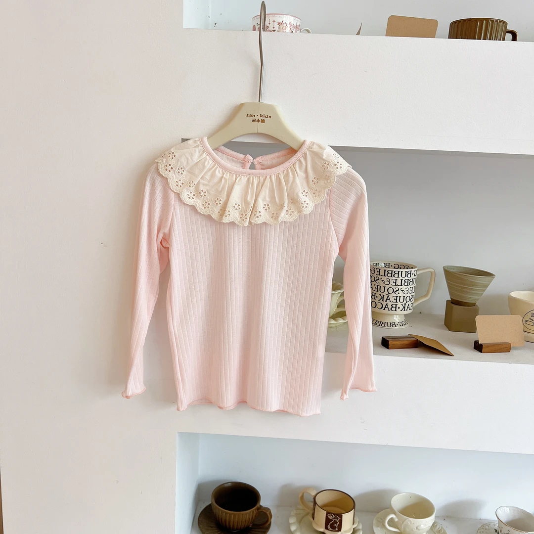 【蕾丝弹力T】25216（水粉）上衣 女童洋气百搭蕾丝花边娃娃领 打底衫