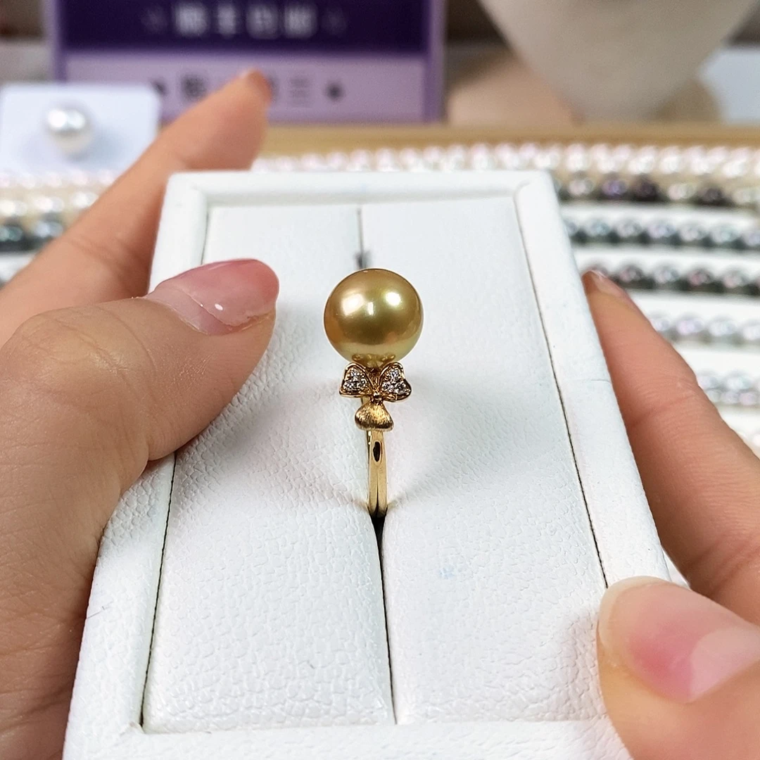 海水珍珠18K金镶嵌戒圈10-11m南洋金珠戒指（基本无暇）