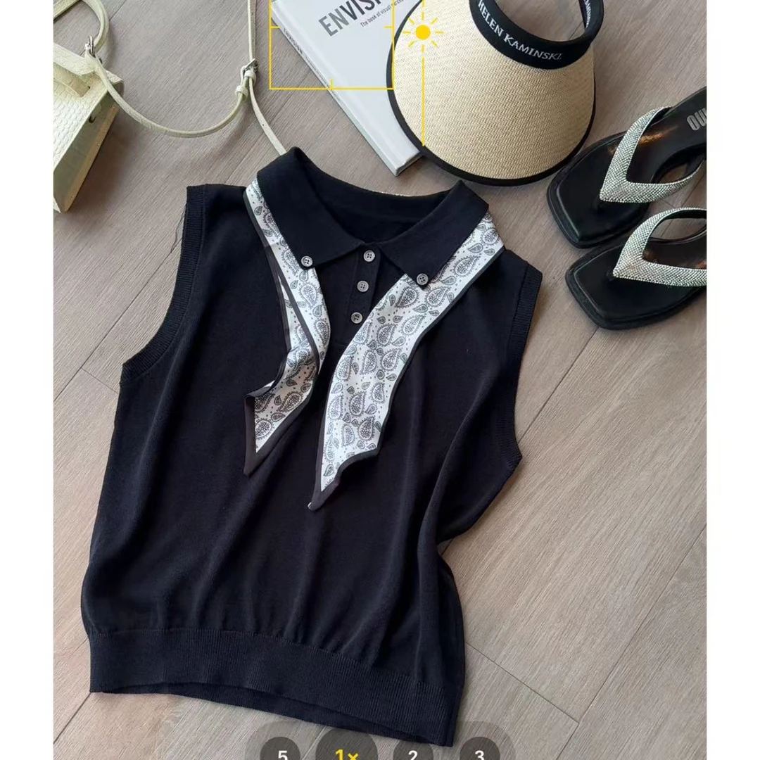 玳妮【赫拉冰麻衫】夏季 POLO领重工丝带短袖线衫 轻薄款套头针织衫