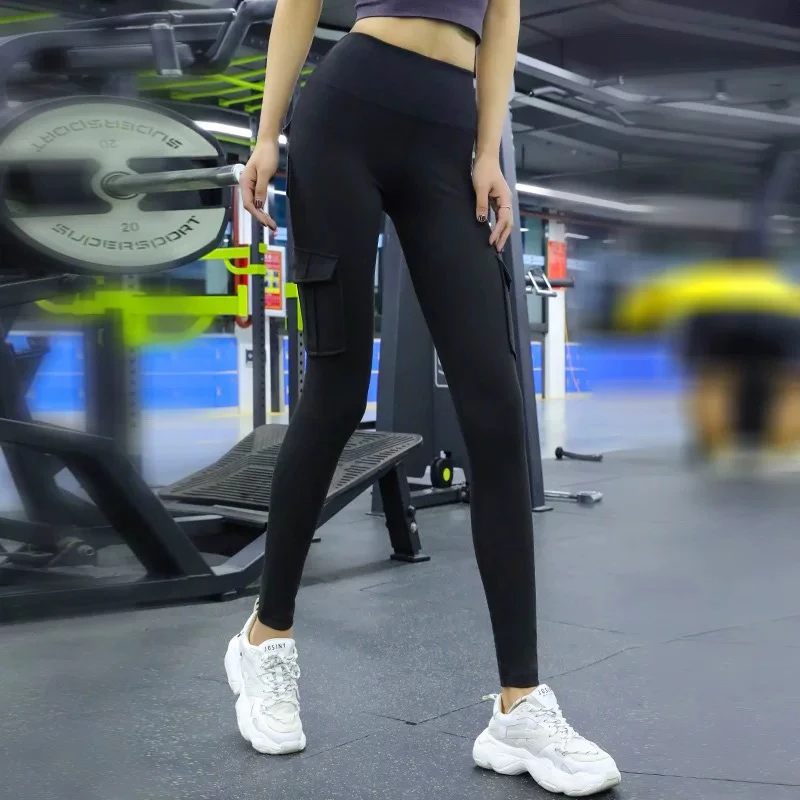 8866 运动健身裤工装女口袋高腰提臀裸感高弹跑步紧身速干瑜伽裤