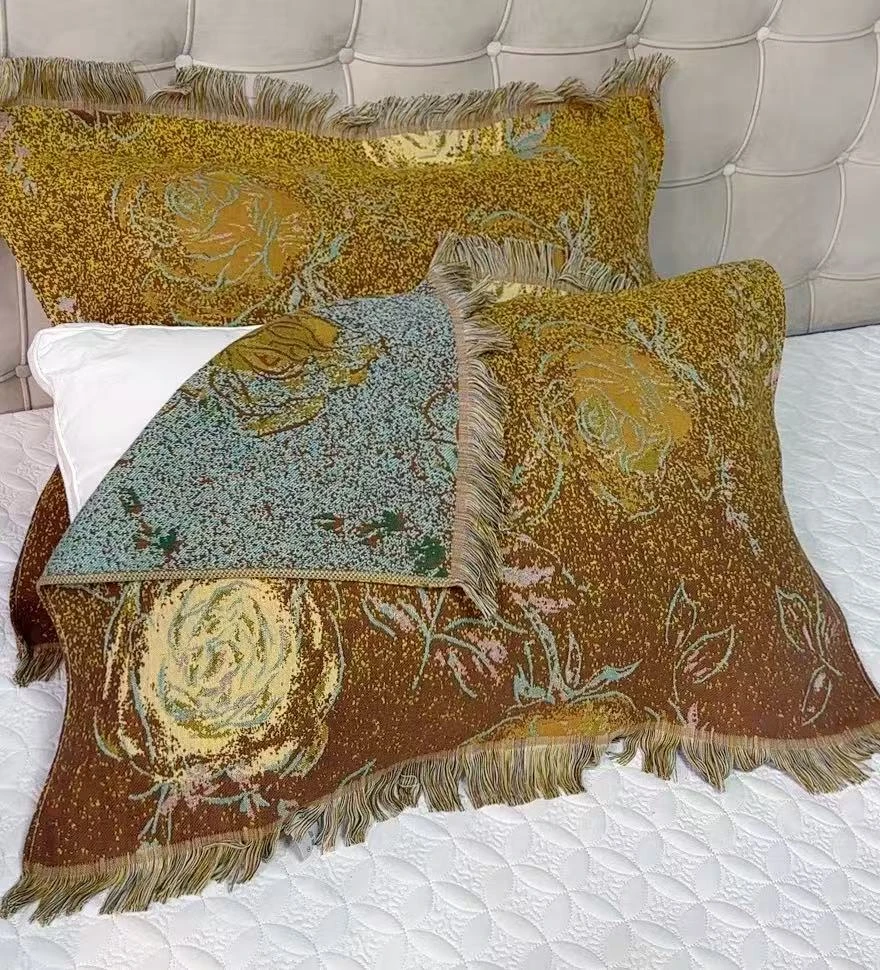 (鎏金玫瑰枕巾）纯棉透气吸汗提花工艺纱布流苏枕巾一对