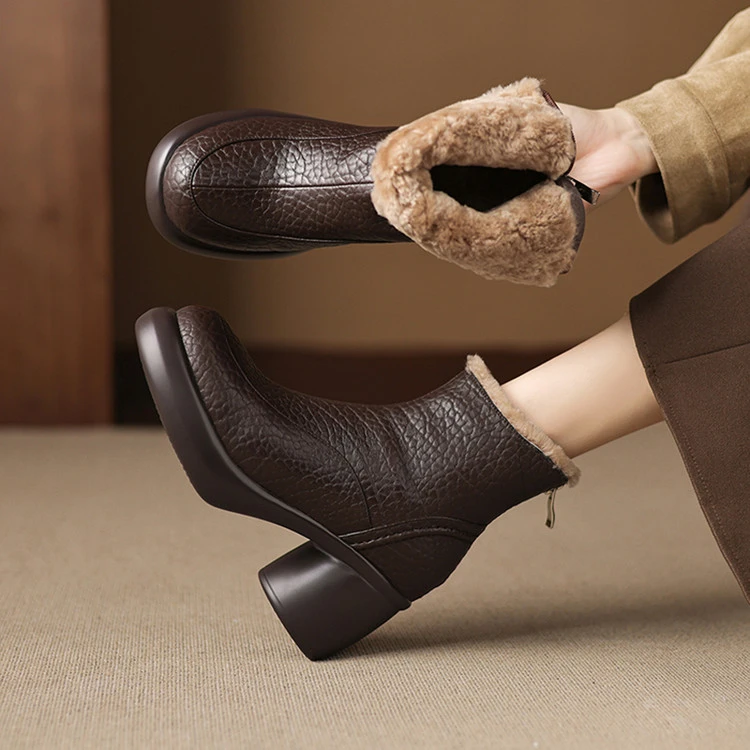 牛皮/8cm/秋冬新款小个子增高跟鞋厚底粗跟真皮加绒保暖短靴女鞋
