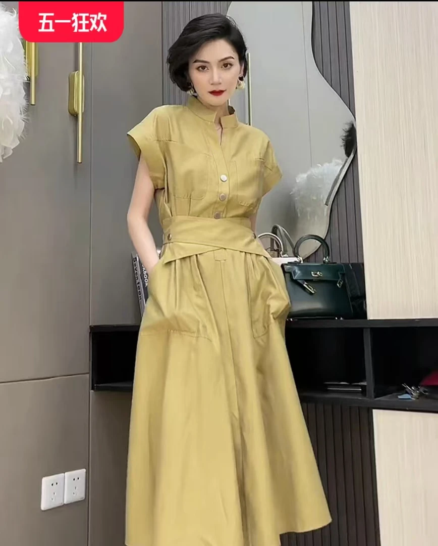 法式气质黄色小飞袖衬衫连衣裙