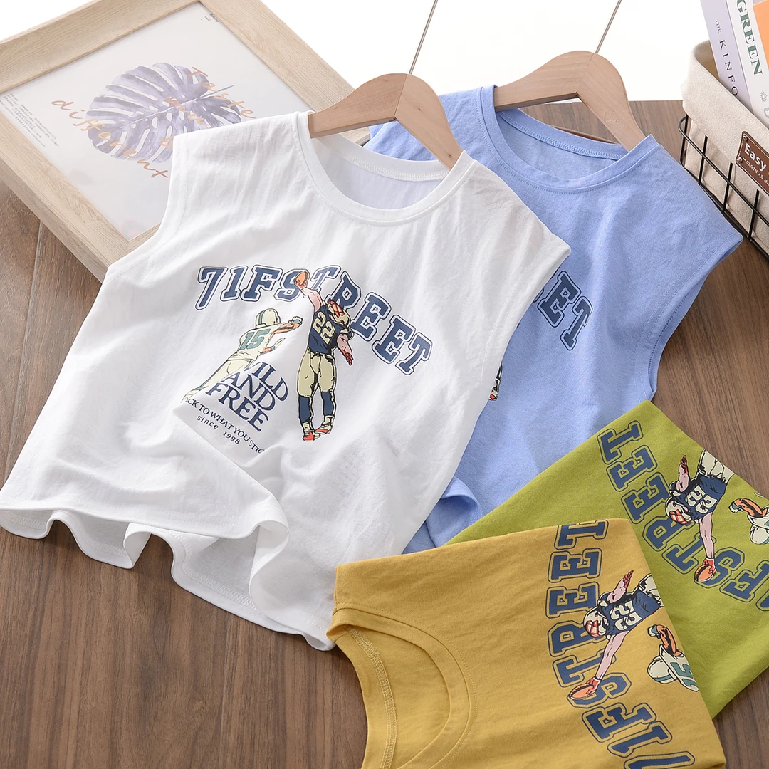 童装外穿薄款柔软冰丝麻面背心中大童夏季新款卡通印花无袖JL6726