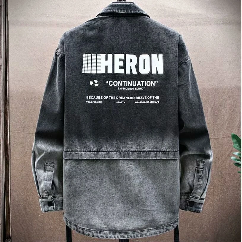 2025春秋季牛仔衬衫外套男士翻领长袖工装印秋季男士格子衬衫外套