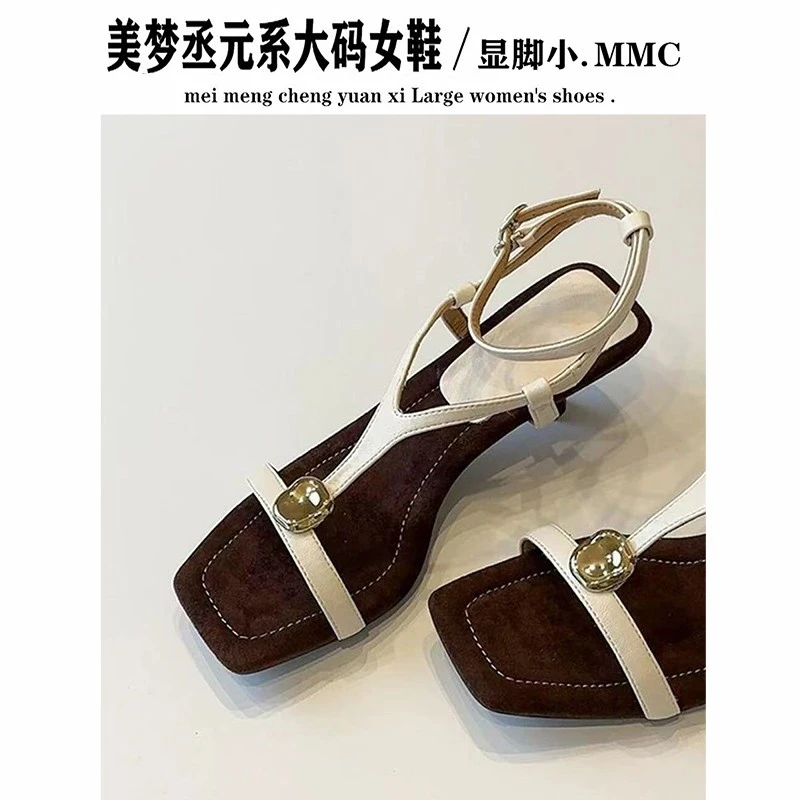 加宽版~法式气质露趾细跟凉鞋女夏季外穿罗马凉鞋金属一字带单鞋