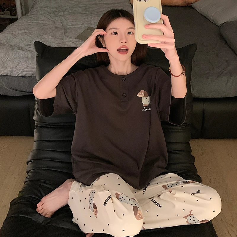夏季新款韩版甜美ins卡通印花腊肠狗套装短袖长裤薄款睡衣慵懒风