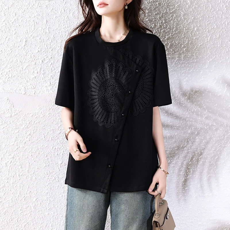 【女神新衣】蕾丝拼接短袖t恤女夏季休闲大码女装2025年新款上衣