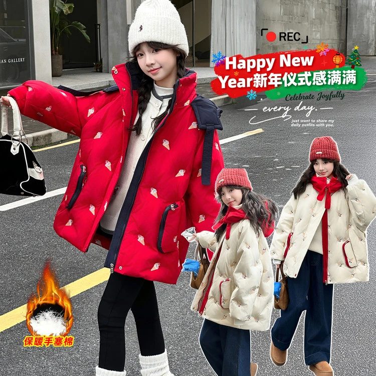 女童中长款棉衣冬季新款中大童加厚连帽外套儿童新年冬装拜年衣服