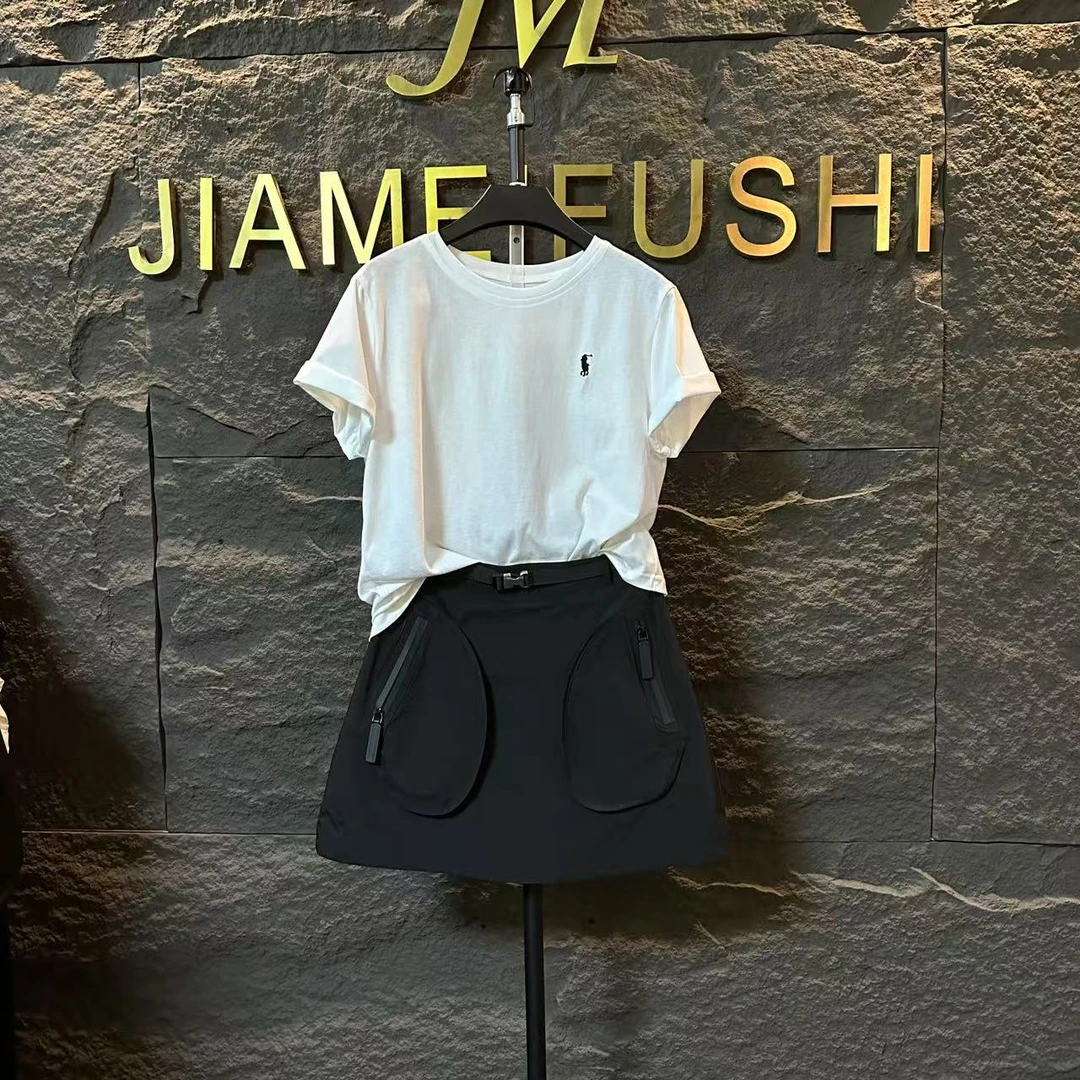 JM新款现货D家同款夏季黑白色短袖两件套拼接显瘦短裙1205