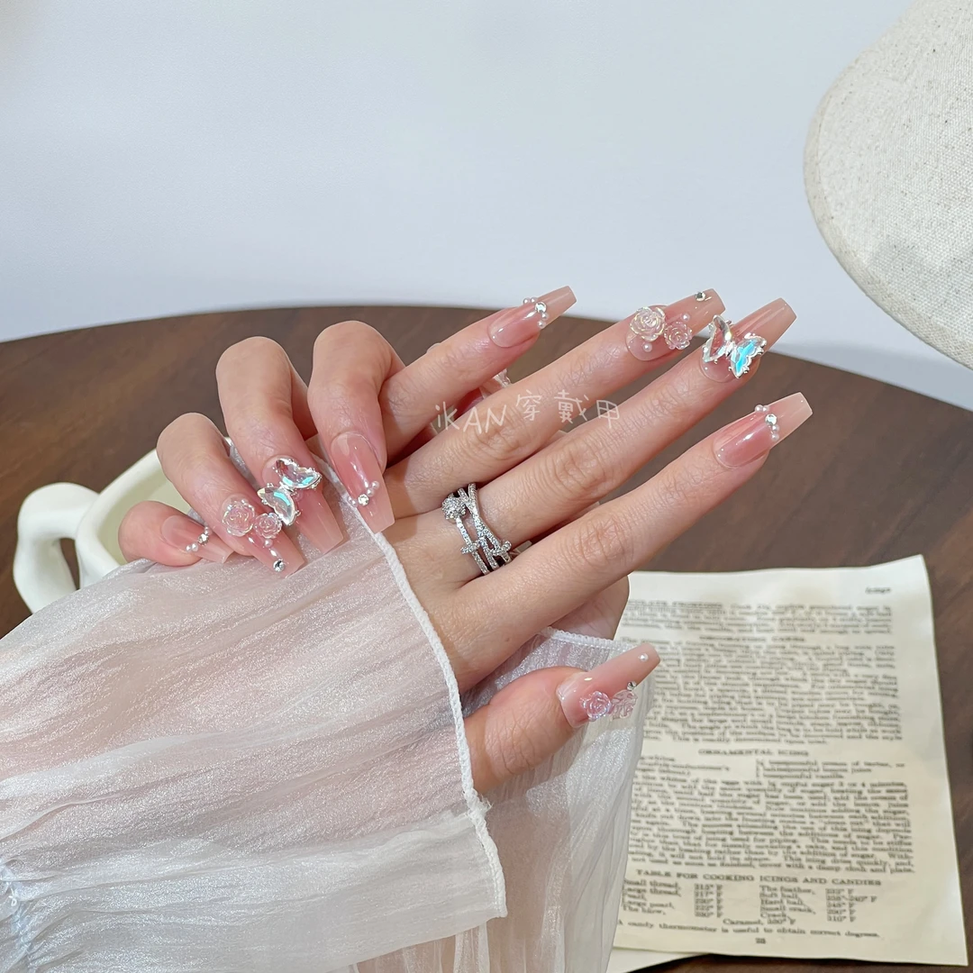 iKAN手工穿戴美甲冰封蝴蝶飞舞长T款式气质百搭高级感可拆卸45