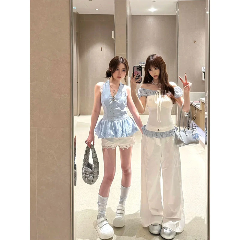 辣妹小众波点挂脖无袖上衣时尚一字肩上衣高腰直筒长裤女白色短裤