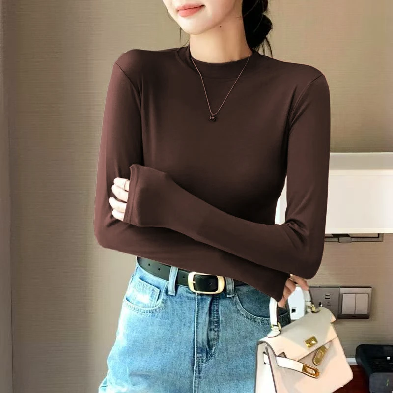 纯色半高领长袖打底衫秋冬流光风修身内搭时尚洋气加厚保暖上衣