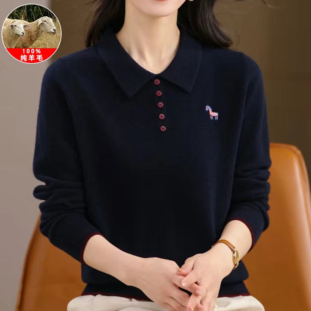 100%纯羊毛衫妈妈装秋冬纯色针织衫中老年女母亲翻领毛衣