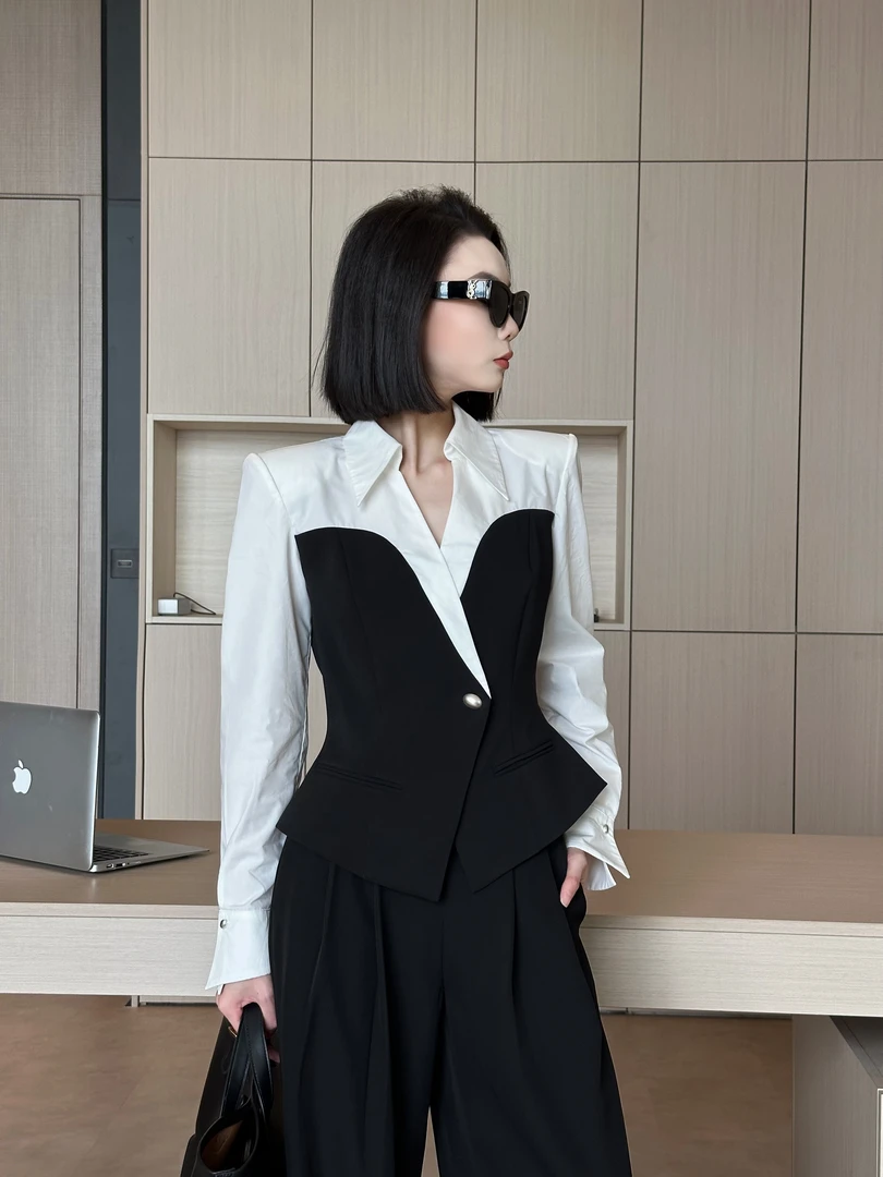 琦哥【英伦格律】原创设计衬衫高级显瘦拼接2025秋季新款上衣35232