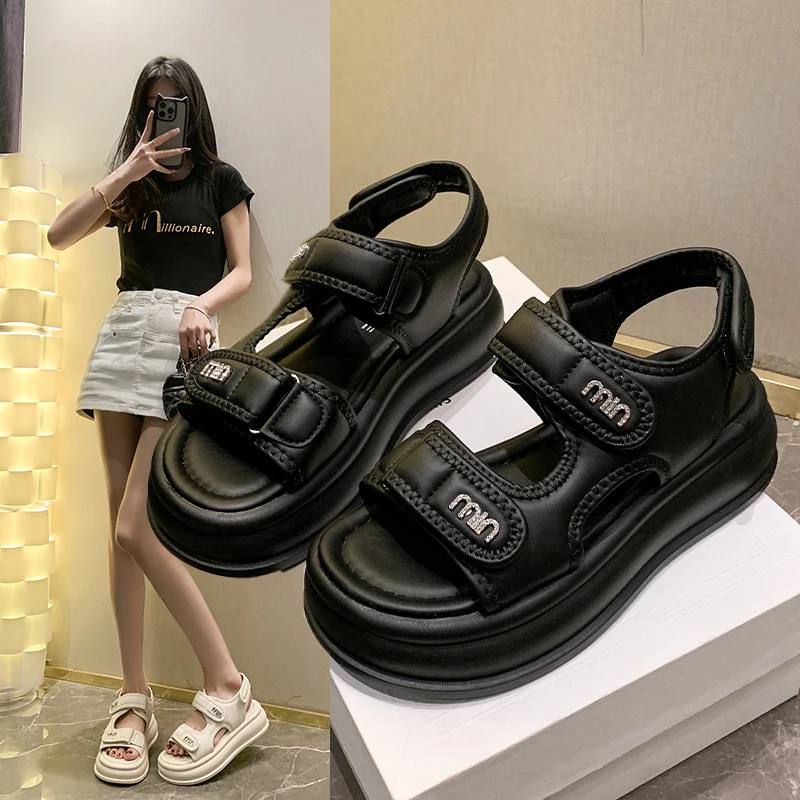 INS风时装厚底学生沙滩鞋女2025夏新款魔术贴露趾百搭软底罗马鞋