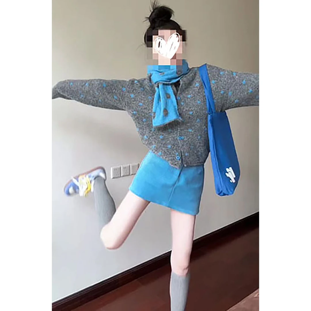 韩系波点针织开衫女秋冬季新款软糯宽松休闲风高级感外套裙子套装