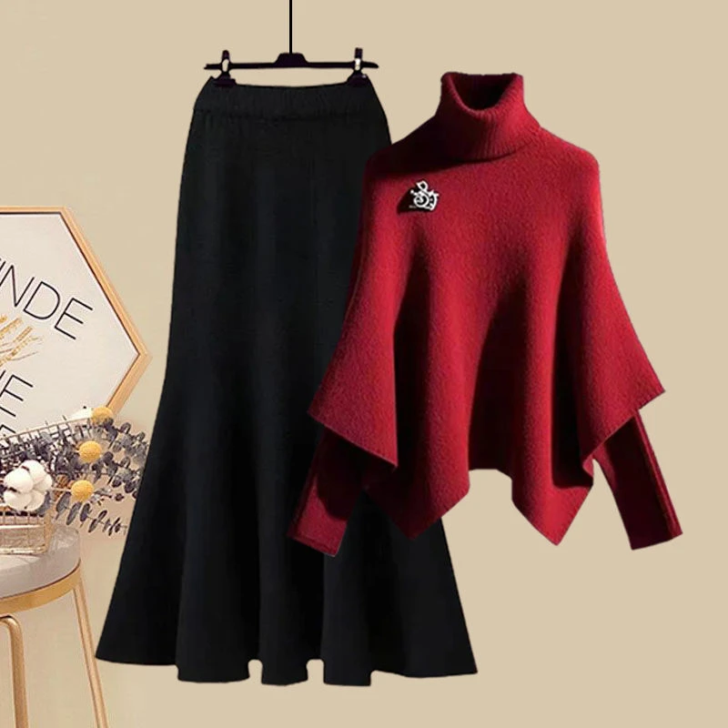 大码女装冬季套装女2024新款韩系时尚红色毛衣收腰半身裙两件套潮