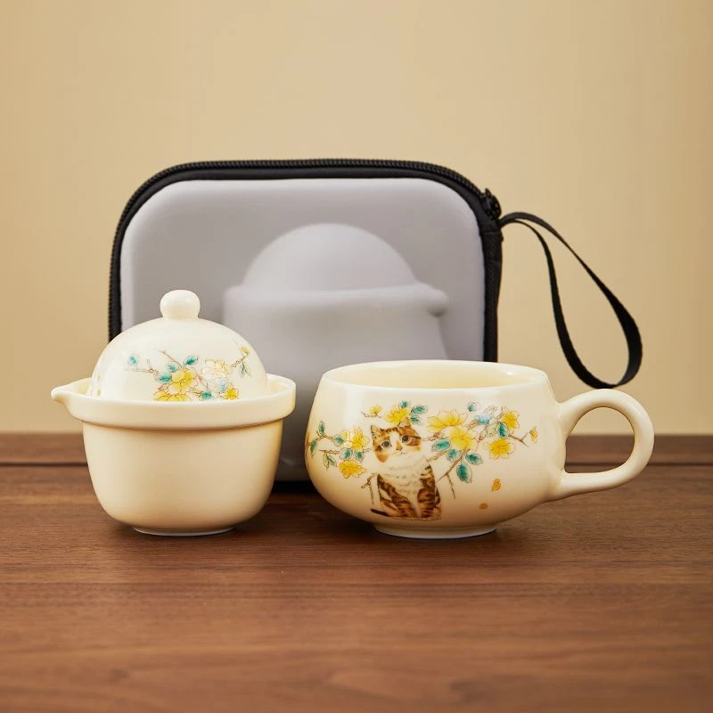 米黄汝窑旅行茶具一壶一杯快客杯女士单人茶具一人独饮工位泡茶