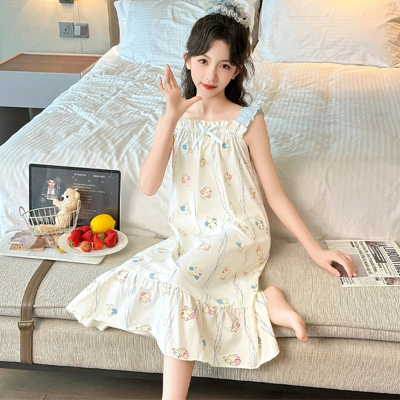 女童睡衣夏季薄款纯棉公主大童家居服6-12小女孩儿童吊带睡裙亲子