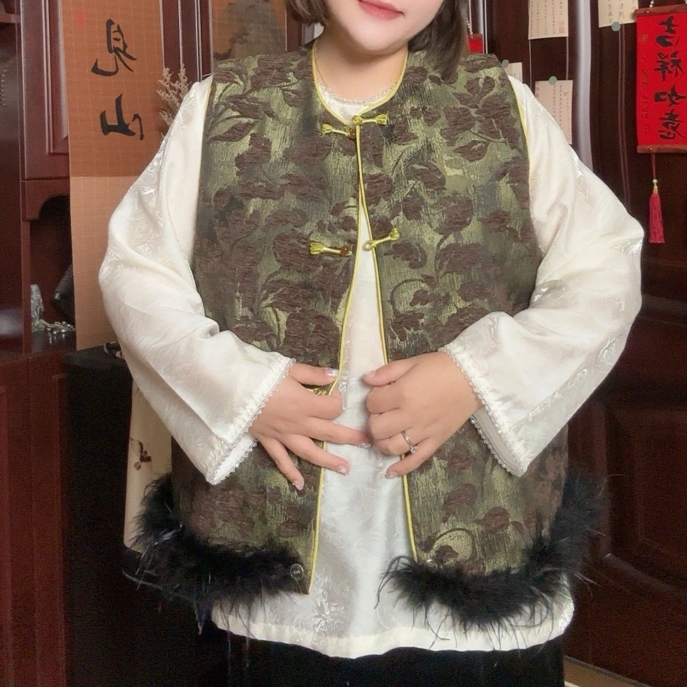 格格大码50528秋季新款时尚简约圆领单轻奢国风提花植绒马甲女