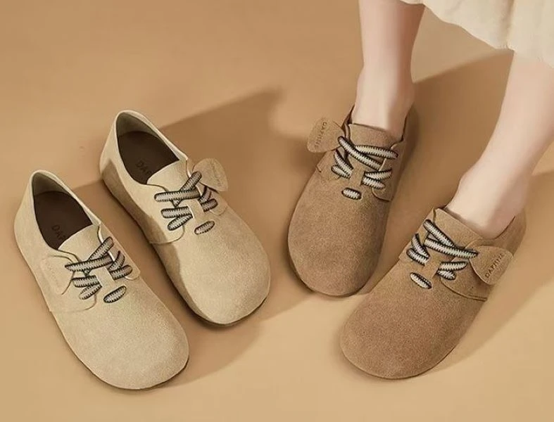 2025年春秋新款舒适休闲单鞋柔软复古风软皮平底勃肯鞋女3618