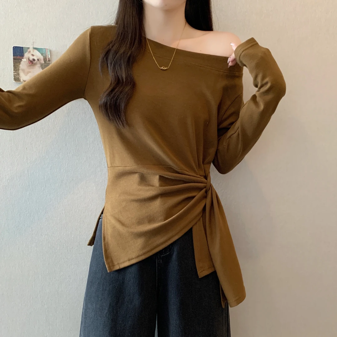 大码女装2025秋季新款不规则设计感收腰显瘦条纹甜辣长袖T恤