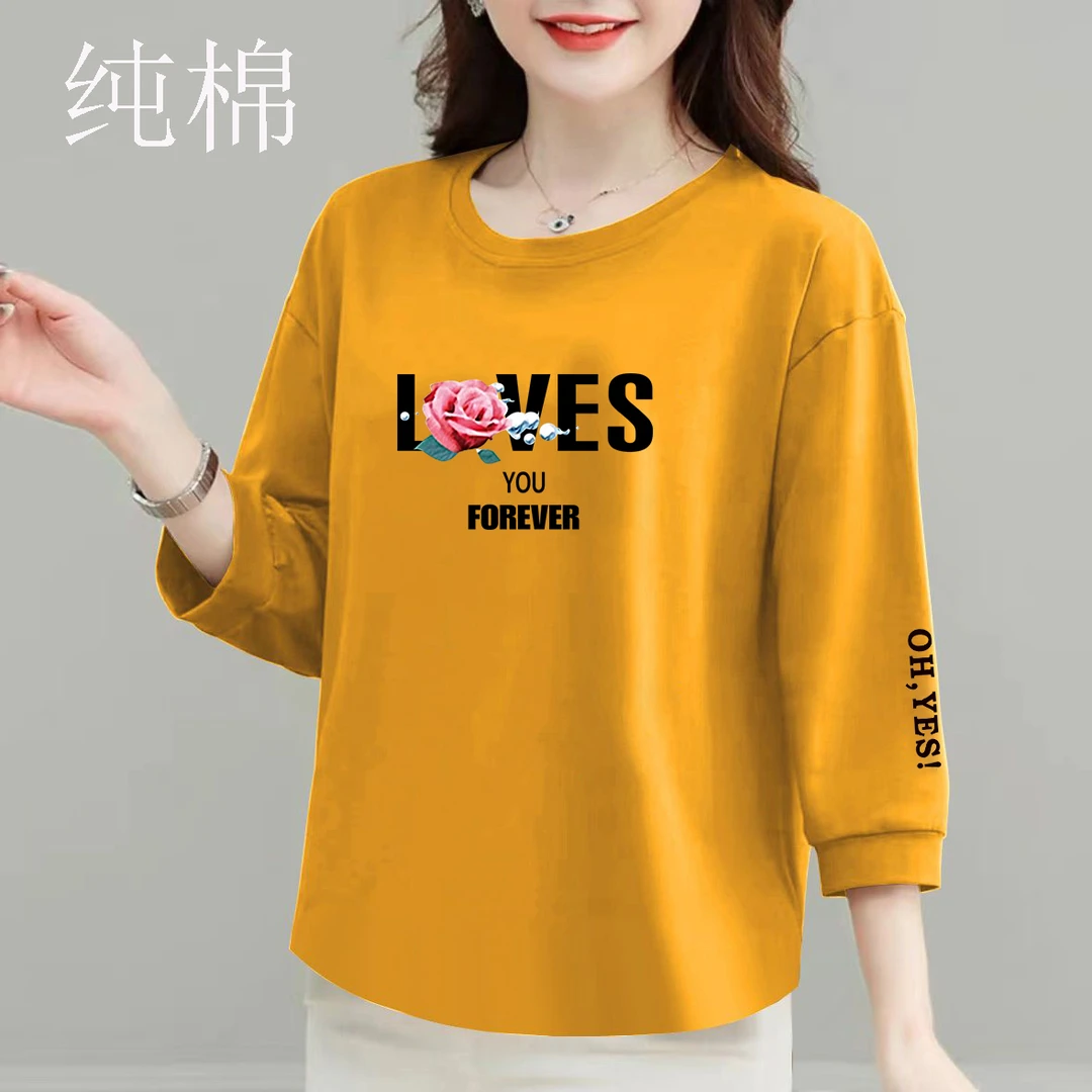 纯棉时尚洋气新款韩版上衣圆领女士大码秋季印花显瘦打底衫t恤