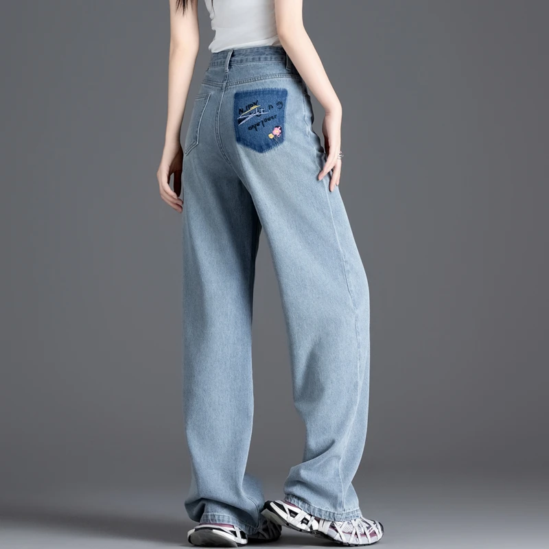 复古刺绣花朵高腰牛仔裤女2025春季秋新款窄版阔腿裤显瘦直筒裤子