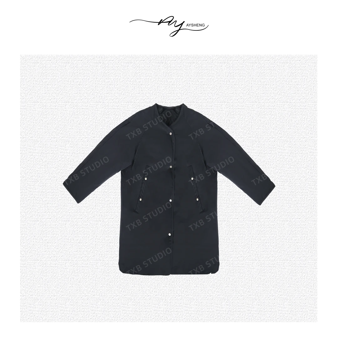 TXB “无风”新国标90白鸭绒保暖钉扣设计无领中长款羽绒服XB-6682