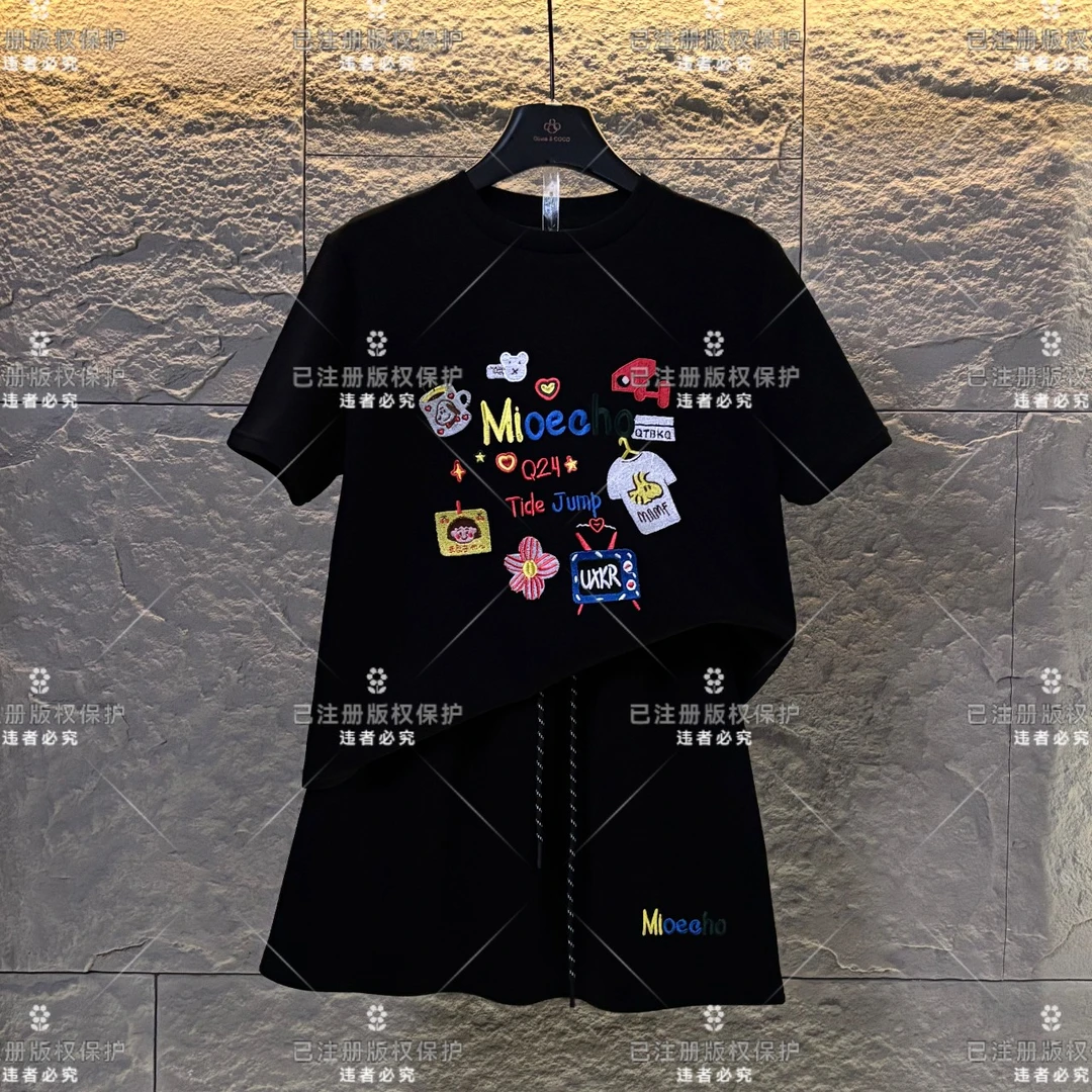 WMA-A65<减龄系列>丨趣味刺绣宽松版夏季T恤短裙休闲时尚套装