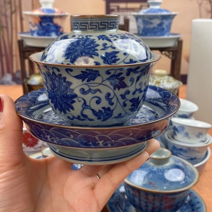 陶摆件老陶泥缠枝莲高足盖碗