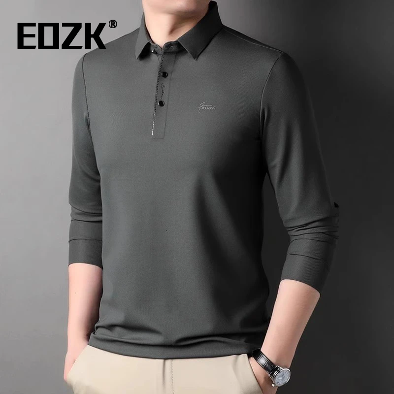 Eozk轻商务休闲长袖T恤男2025秋季新款翻领纯色中年男士打底上衣