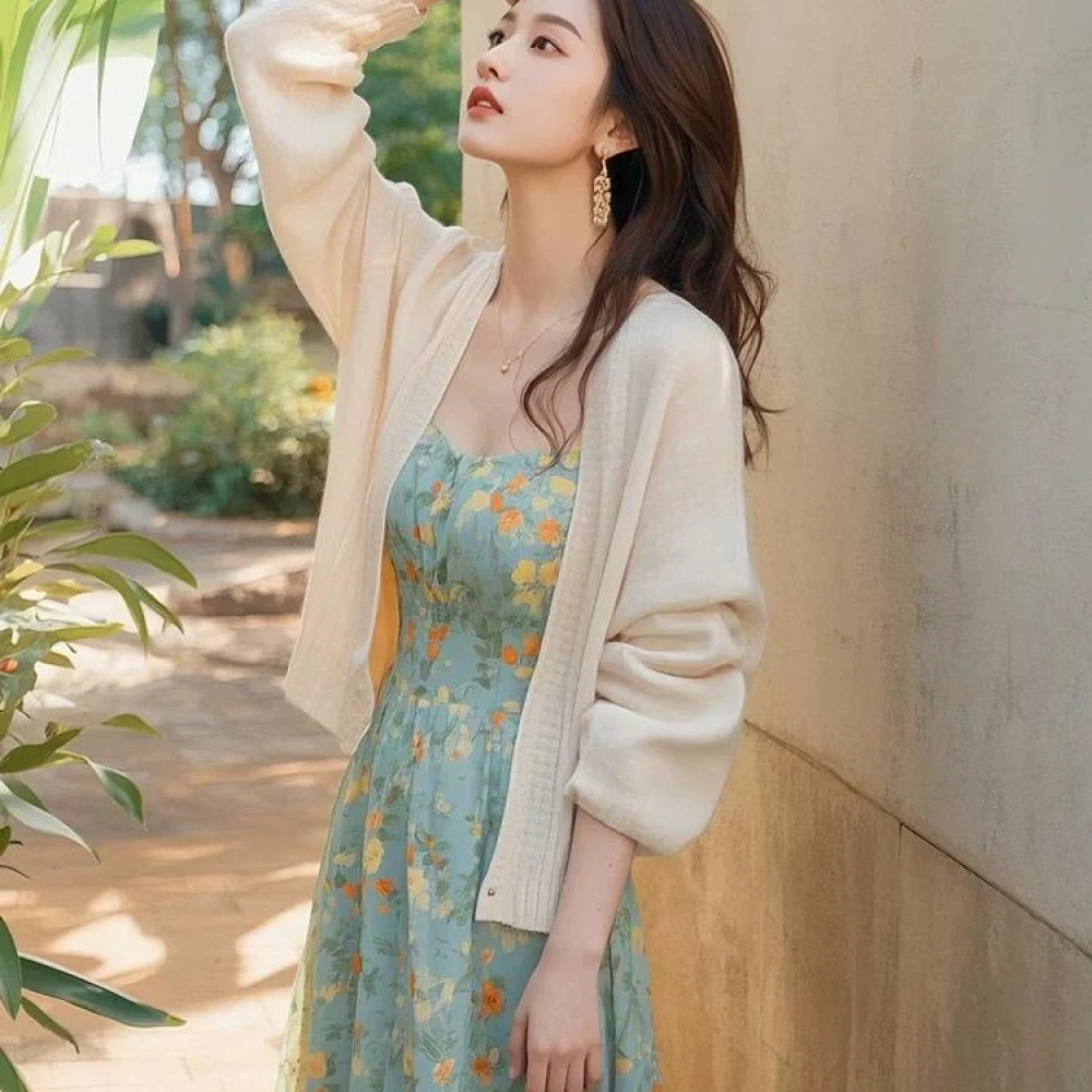 2025春季一整套女高级感穿搭针织开衫显瘦碎花连衣裙两件套装女潮