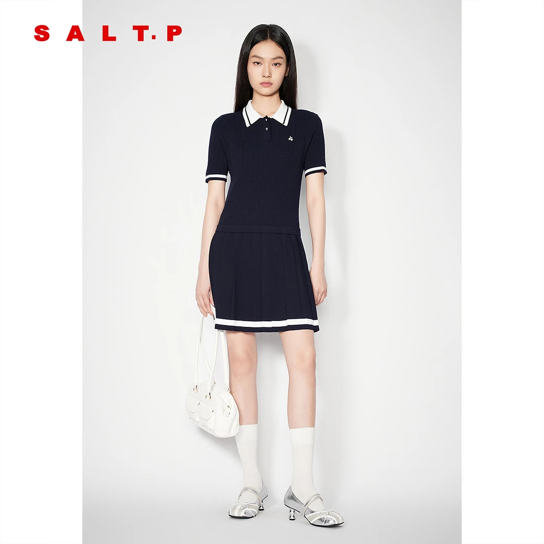 SALT.P可颜2025秋季新款藏蓝色学院风Polo翻领针织连衣裙女