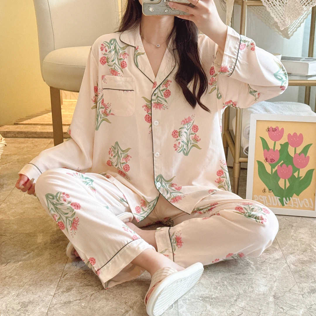 春夏凌霄花甜美印花睡衣棉绸透气亲肤减龄气质女长袖长裤套装727